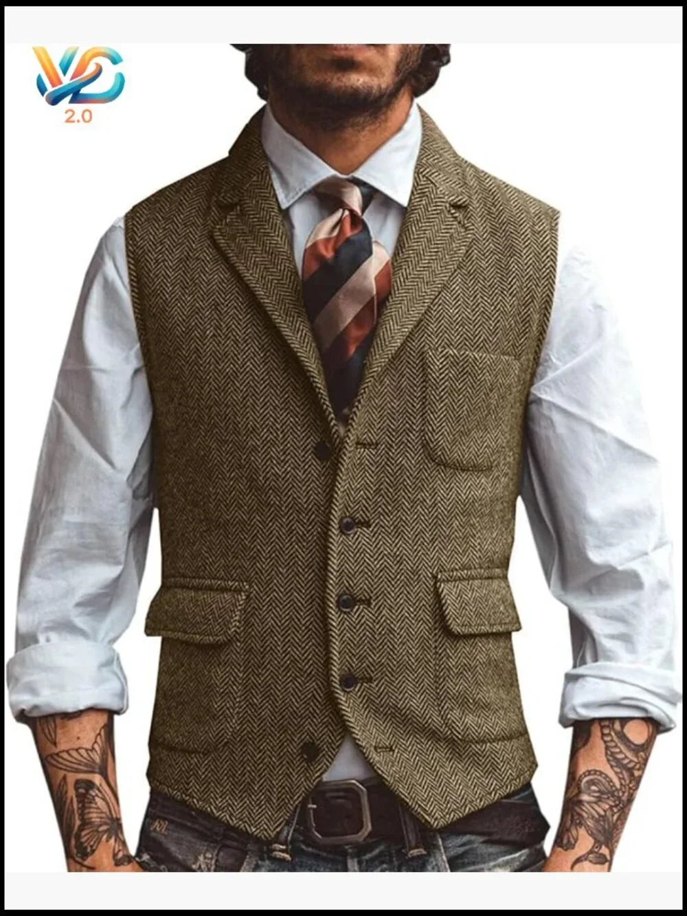 Men's Herringbone Tweed Vest Wool Blend Regular Fit 5-Button V-Neck